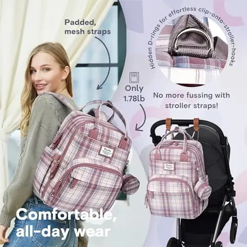 RUVALINO Baby Diaper Bag Backpack with Changing Pad, Waterproof, Pink Plaid | Baby Essentials, Waterproof, Travel Baby Bags for Mom Dad Girl Boy, Insulated Bottle Holders, Pacifier Case - 5