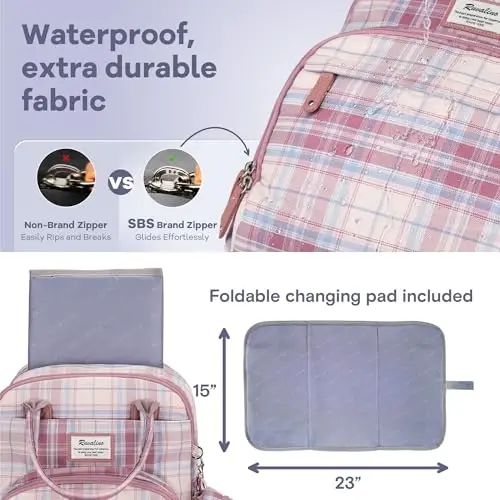 RUVALINO Baby Diaper Bag Backpack with Changing Pad, Waterproof, Pink Plaid | Baby Essentials, Waterproof, Travel Baby Bags for Mom Dad Girl Boy, Insulated Bottle Holders, Pacifier Case - 6