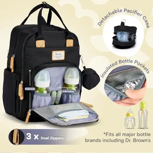 RUVALINO Diaper Bag Backpack-Expandable Baby Bag with up to 50% Capacity -Baby Essentials Bag with Changing Pad Insulated Bottle Holders & Pacifier Case, Waterproof, Black XL - 4