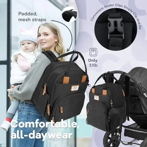 RUVALINO Diaper Bag Backpack-Expandable Baby Bag with up to 50% Capacity -Baby Essentials Bag with Changing Pad Insulated Bottle Holders & Pacifier Case, Waterproof, Black XL - 5