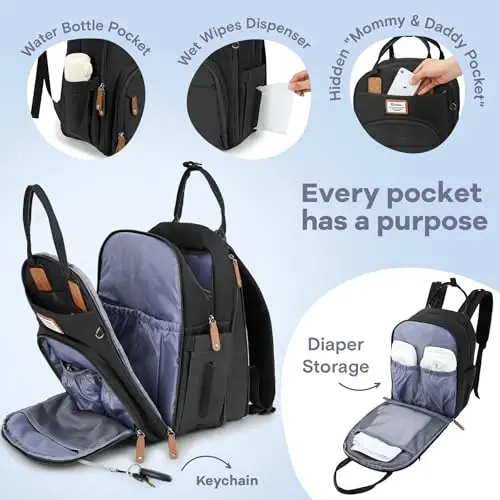 RUVALINO Diaper Bag Backpack-Expandable Baby Bag with up to 50% Capacity -Baby Essentials Bag with Changing Pad Insulated Bottle Holders & Pacifier Case, Waterproof, Black XL - 3