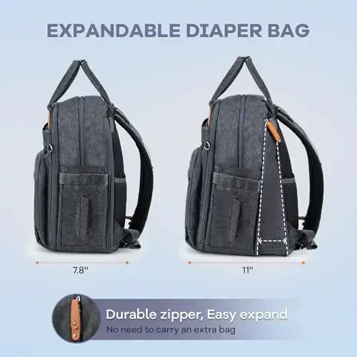 RUVALINO Diaper Bag Backpack-Expandable Baby Bag with up to 50% Capacity -Baby Essentials Bag with Changing Pad Insulated Bottle Holders & Pacifier Case, Waterproof, Dark Gray XL - 2
