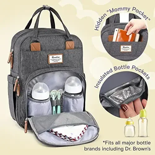 RUVALINO Diaper Bag Backpack-Expandable Baby Bag with up to 50% Capacity -Baby Essentials Bag with Changing Pad Insulated Bottle Holders & Pacifier Case, Waterproof, Dark Gray XL - 4