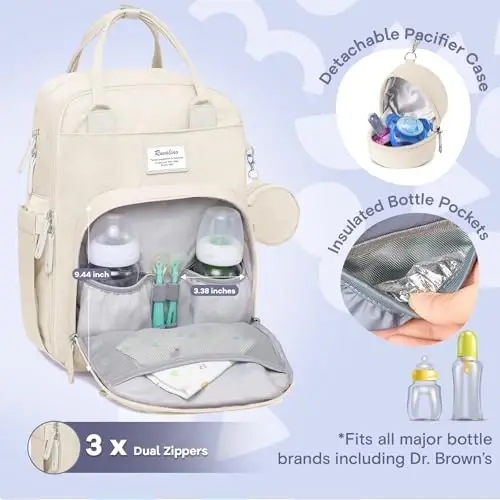 RUVALINO Diaper Bag Backpack-Multifunction Baby Travel Bag with Changing pad, Insulated Bottle Holders & Pacifier Case, Large Capacity, Waterproof, Beige - 2