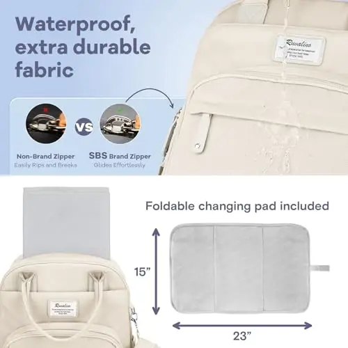 RUVALINO Diaper Bag Backpack-Multifunction Baby Travel Bag with Changing pad, Insulated Bottle Holders & Pacifier Case, Large Capacity, Waterproof, Beige - 4