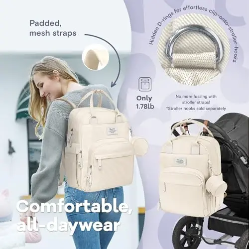 RUVALINO Diaper Bag Backpack-Multifunction Baby Travel Bag with Changing pad, Insulated Bottle Holders & Pacifier Case, Large Capacity, Waterproof, Beige - 5