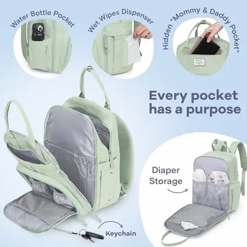 RUVALINO Diaper Bag Backpack-Multifunction Baby Travel Bag with Changing pad, Insulated Bottle Holders & Pacifier Case, Large Capacity, Waterproof, Mint Green - 3