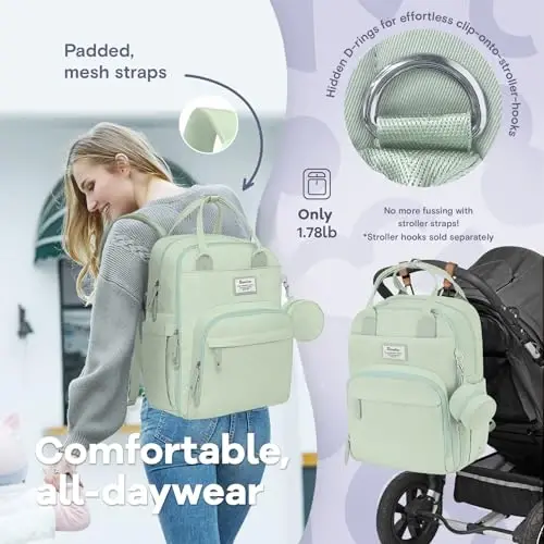 RUVALINO Diaper Bag Backpack-Multifunction Baby Travel Bag with Changing pad, Insulated Bottle Holders & Pacifier Case, Large Capacity, Waterproof, Mint Green - 5