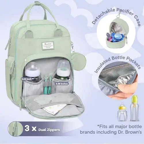 RUVALINO Diaper Bag Backpack-Multifunction Baby Travel Bag with Changing pad, Insulated Bottle Holders & Pacifier Case, Large Capacity, Waterproof, Mint Green - RUVALINO (1)