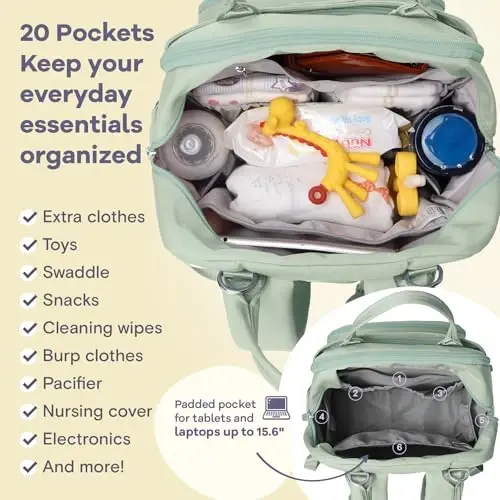RUVALINO Diaper Bag Backpack-Multifunction Baby Travel Bag with Changing pad, Insulated Bottle Holders & Pacifier Case, Large Capacity, Waterproof, Mint Green - 4