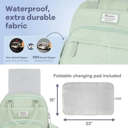 RUVALINO Diaper Bag Backpack-Multifunction Baby Travel Bag with Changing pad, Insulated Bottle Holders & Pacifier Case, Large Capacity, Waterproof, Mint Green - 6