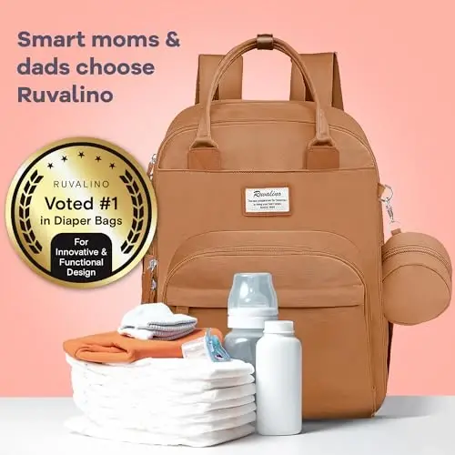 RUVALINO Diaper Bag Backpack-Multifunction Baby Travel Bag with Changing pad, Insulated Bottle Holders & Pacifier Case, Large Capacity, Waterproof, Dark Brown - 6