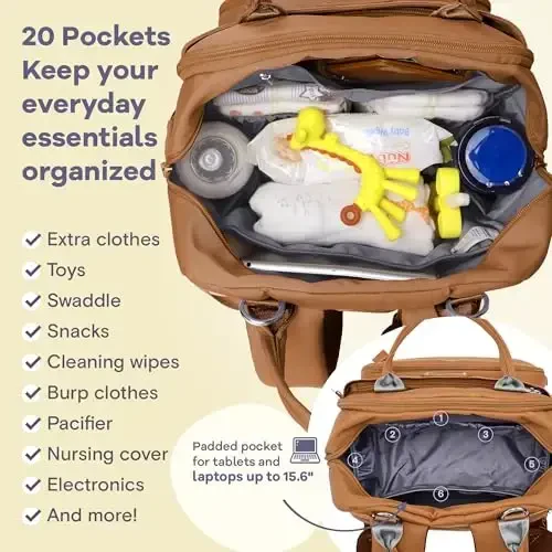 RUVALINO Diaper Bag Backpack-Multifunction Baby Travel Bag with Changing pad, Insulated Bottle Holders & Pacifier Case, Large Capacity, Waterproof, Dark Brown - 5