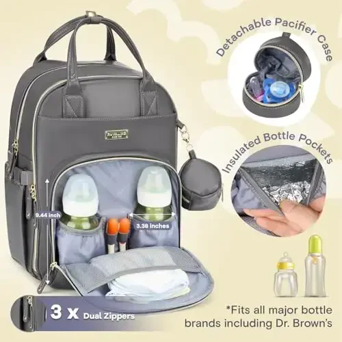 RUVALINO Diaper Bag Backpack, Multifunction Travel Baby Diaper Bag with Changing Pad, Insulated Bottle Holders & Pacifier Case, Large Capacity,Waterproof, Iron Gray - 2
