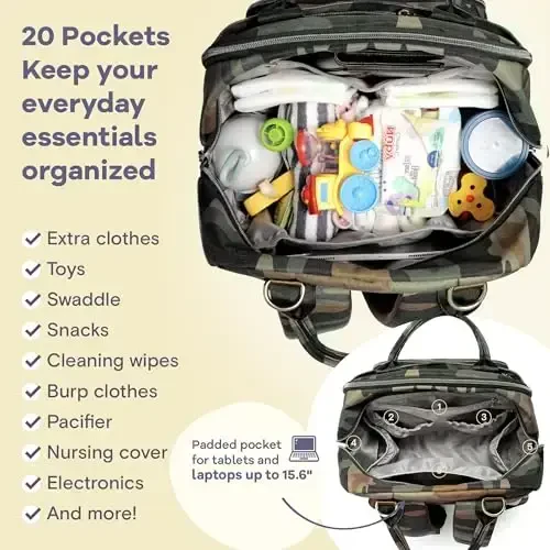 RUVALINO Diaper Bag Backpack, Multifunction Travel Pack Maternity Baby Changing Bags, Large Capacity, Waterproof, Green Camo - 4