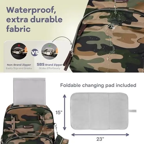 RUVALINO Diaper Bag Backpack, Multifunction Travel Pack Maternity Baby Changing Bags, Large Capacity, Waterproof, Green Camo - 5