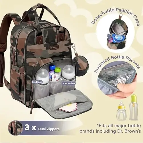 RUVALINO Diaper Bag Backpack, Multifunction Travel Pack Maternity Baby Changing Bags, Large Capacity, Waterproof, Green Camo - 2