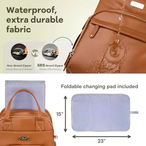 RUVALINO Diaper Bag Backpack, Multifunction Travel Pack Maternity Baby Changing Bags, Large Capacity, Waterproof, Brown - 5