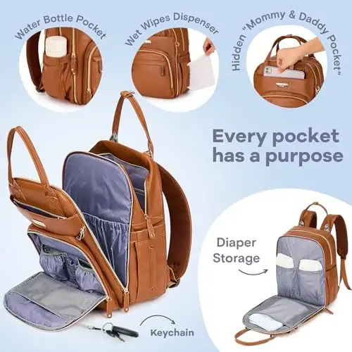 RUVALINO Diaper Bag Backpack, Multifunction Travel Pack Maternity Baby Changing Bags, Large Capacity, Waterproof, Brown - 3