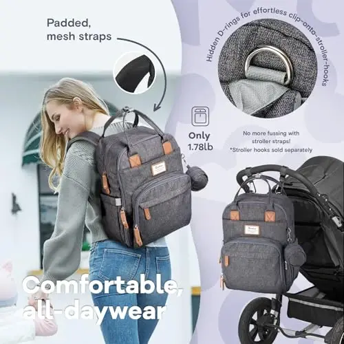 RUVALINO Diaper Bag Backpack - Multifunction Waterproof Travel Backpack, Baby Bag with Changing Pad & Stroller D-Ring & Pacifier Case - Travel Essentials & Baby Registry Search - Unisex, Dark Gray - 5