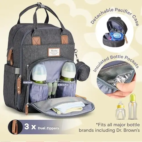 RUVALINO Diaper Bag Backpack, Multifunction Travel Pack Maternity Baby Changing Bags, Large Capacity, Waterproof, Dark Gray - 2