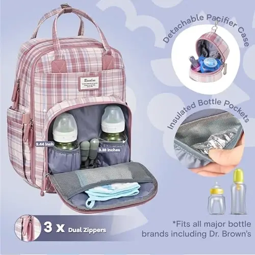 RUVALINO Diaper Bag Backpack, Multifunction Travel Pack Maternity Baby Changing Bags, Large Capacity, Waterproof, Pink Plaid - 2