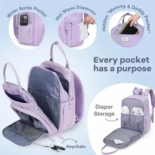 RUVALINO Diaper Bag Backpack, Multifunction Travel Pack Maternity Baby Changing Bags, Large Capacity, Waterproof, Taro Purple - 3