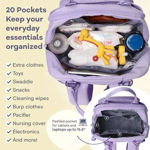 RUVALINO Diaper Bag Backpack, Multifunction Travel Pack Maternity Baby Changing Bags, Large Capacity, Waterproof, Taro Purple - 4