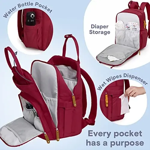 RUVALINO Diaper Bag Backpack, Multifunction Travel Pack Maternity Baby Changing Bags, Large Capacity, Waterproof, Purplish Red - 3