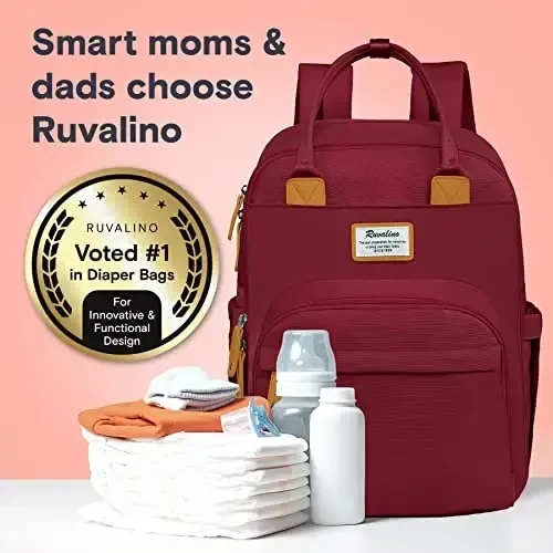 RUVALINO Diaper Bag Backpack, Multifunction Travel Pack Maternity Baby Changing Bags, Large Capacity, Waterproof, Purplish Red - 6