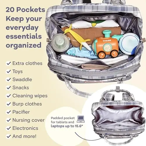 RUVALINO Diaper Bag Backpack, Multifunction Travel Pack Maternity Baby Changing Bags, Large Capacity, Waterproof, Blue Plaid - 5