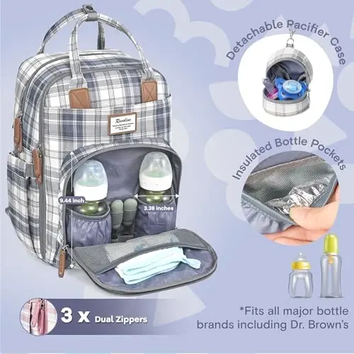 RUVALINO Diaper Bag Backpack, Multifunction Travel Pack Maternity Baby Changing Bags, Large Capacity, Waterproof, Blue Plaid - 3
