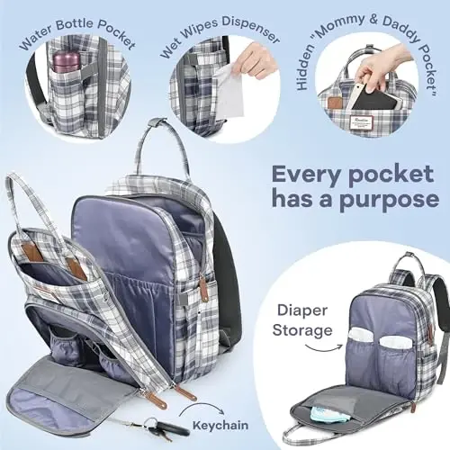 RUVALINO Diaper Bag Backpack, Multifunction Travel Pack Maternity Baby Changing Bags, Large Capacity, Waterproof, Blue Plaid - 4
