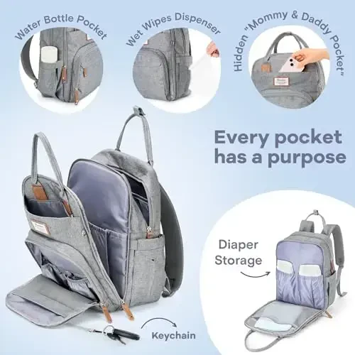 RUVALINO Diaper Bag Backpack-Multifunction Travel Baby Diaper Bag with Changing Pad, Insulated Bottle Holders & Pacifier Case, Large Capacity, Waterproof, Gray - 4