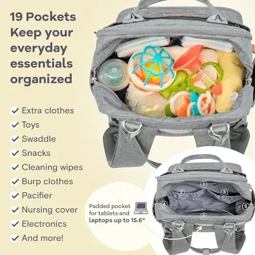 RUVALINO Diaper Bag Backpack-Multifunction Travel Baby Diaper Bag with Changing Pad, Insulated Bottle Holders & Pacifier Case, Large Capacity, Waterproof, Gray - 5
