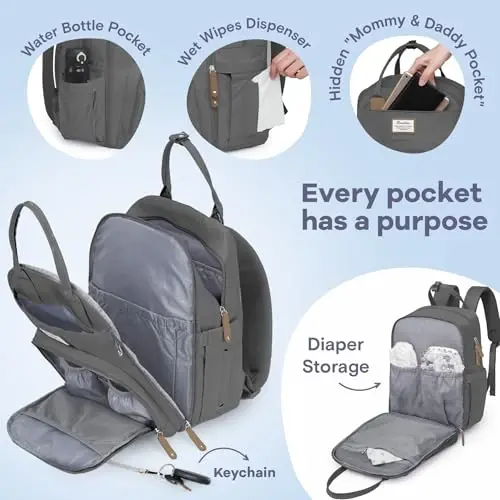 RUVALINO Diaper Bag Backpack, Multifunction Travel Back Pack Maternity Baby Changing Bags, Large Capacity, Waterproof and Stylish, Iron Gray - 4