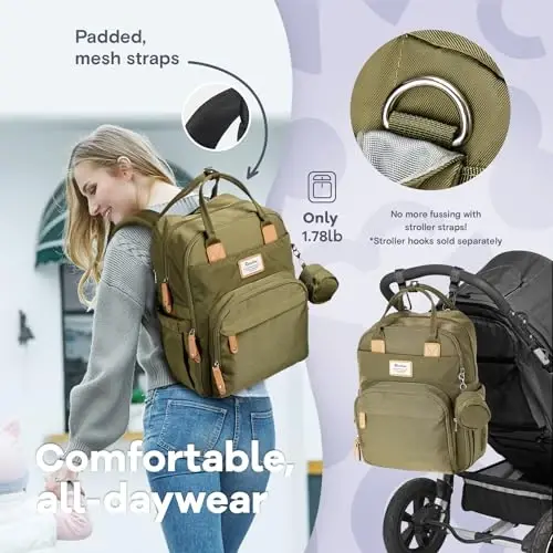 RUVALINO Diaper Bag Backpack - Multifunction Travel Back Pack Maternity Baby Changing Bags, Diaper Changing Totes, Large Capacity, Waterproof and Stylish, Baby Travel Essential, Army Green - 5