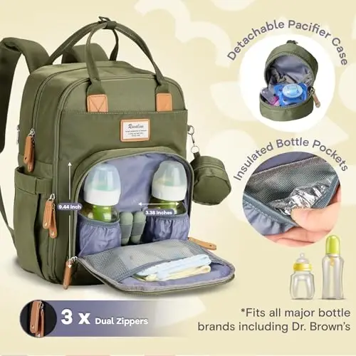 RUVALINO Diaper Bag Backpack - Multifunction Travel Back Pack Maternity Baby Changing Bags, Diaper Changing Totes, Large Capacity, Waterproof and Stylish, Baby Travel Essential, Army Green - 2