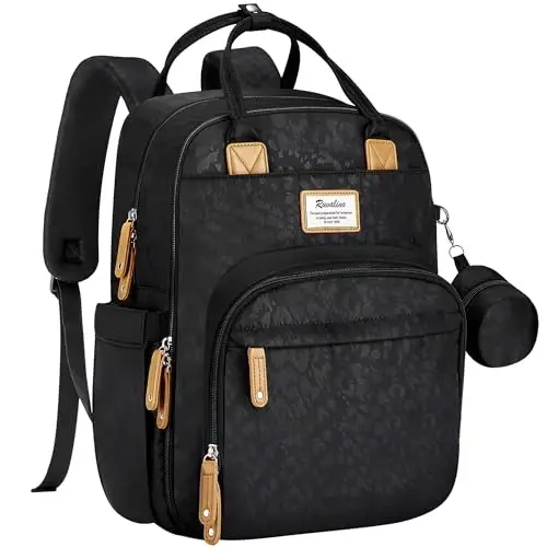RUVALINO Diaper Bag Backpack-Multifunction Baby Travel Bag with Changing pad, Insulated Bottle Holders & Pacifier Case, Large Capacity, Waterproof, Black Leopard - RUVALINO