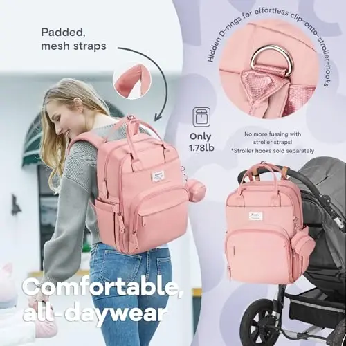RUVALINO Diaper Bag Backpack, Multifunction Travel Back Pack for Girls, Maternity Baby Changing Bags with Changing Pad for Mom, Large Capacity, Waterproof and Stylish, Pink - 5