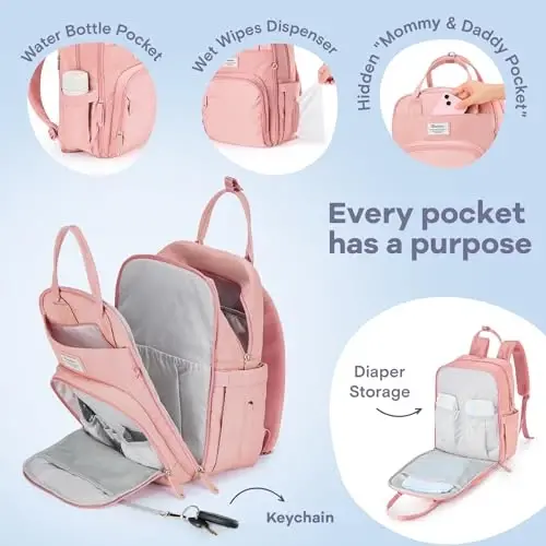 RUVALINO Diaper Bag Backpack, Multifunction Travel Back Pack for Girls, Maternity Baby Changing Bags with Changing Pad for Mom, Large Capacity, Waterproof and Stylish, Pink - 3