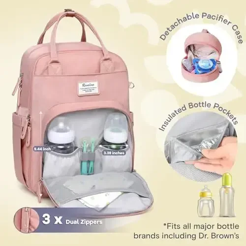 RUVALINO Diaper Bag Backpack, Multifunction Travel Back Pack for Girls, Maternity Baby Changing Bags with Changing Pad for Mom, Large Capacity, Waterproof and Stylish, Pink - RUVALINO (1)
