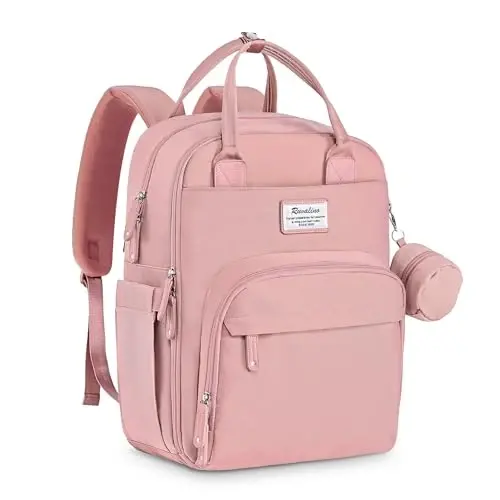RUVALINO Diaper Bag Backpack, Multifunction Travel Back Pack for Girls, Maternity Baby Changing Bags with Changing Pad for Mom, Large Capacity, Waterproof and Stylish, Pink - 1