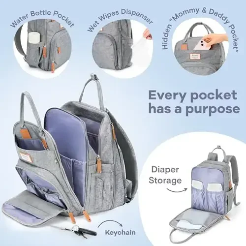 RUVALINO Diaper Bag Backpack-Expandable Baby Bag with up to 50% Capacity -Baby Essentials Bag with Changing Pad Insulated Bottle Holders & Pacifier Case, Waterproof, Gray XL - 3