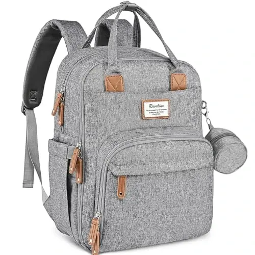 RUVALINO Diaper Bag Backpack-Expandable Baby Bag with up to 50% Capacity -Baby Essentials Bag with Changing Pad Insulated Bottle Holders & Pacifier Case, Waterproof, Gray XL - RUVALINO