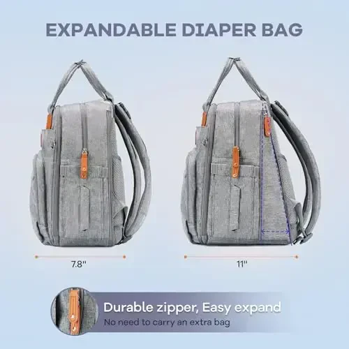 RUVALINO Diaper Bag Backpack-Expandable Baby Bag with up to 50% Capacity -Baby Essentials Bag with Changing Pad Insulated Bottle Holders & Pacifier Case, Waterproof, Gray XL - RUVALINO (1)
