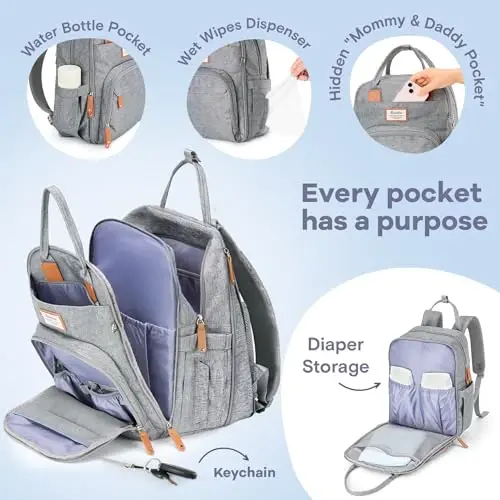 RUVALINO Diaper Bag Backpack-Expandable Baby Bag with up to 50% Capacity -Baby Essentials Bag with Changing Pad Insulated Bottle Holders & Pacifier Case, Waterproof, Gray XL - 3