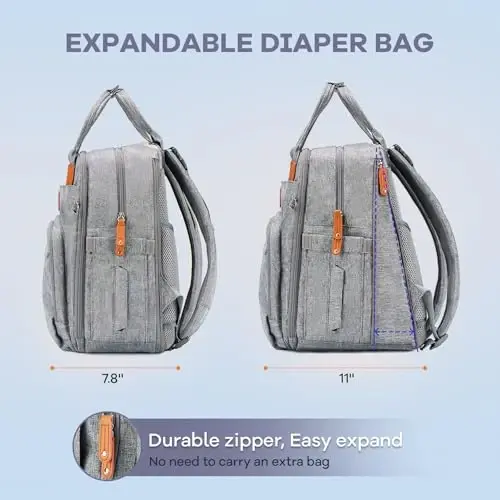 RUVALINO Diaper Bag Backpack-Expandable Baby Bag with up to 50% Capacity -Baby Essentials Bag with Changing Pad Insulated Bottle Holders & Pacifier Case, Waterproof, Gray XL - 2