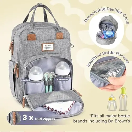 RUVALINO Diaper Bag Backpack-Expandable Baby Bag with up to 50% Capacity -Baby Essentials Bag with Changing Pad Insulated Bottle Holders & Pacifier Case, Waterproof, Gray XL - 4