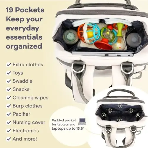 RUVALINO Diaper Bag Backpack-Multifunction Baby Travel Bag with Changing pad, Insulated Bottle Holders & Pacifier Case, Large Capacity, Waterproof, Cream & Taupe - 3